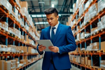 man in blue suits uses a tablet to scan and work  on warehouse horizontal background, copy space for text