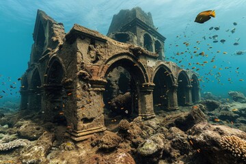 An intriguing photo capturing a building submerged underwater in the vast depths of the ocean, An ancient submerged ruin, now a bustling habitat for marine life, AI Generated