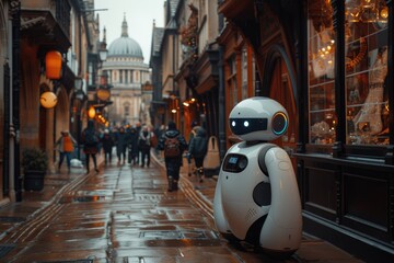 A white, futuristic robot with glowing eyes on a rainy city street. - obrazy, fototapety, plakaty