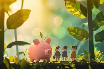 A group of diverse individuals in casual attire standing near a large pink pig in a farm setting, An animated depiction of savings and investment journey, AI Generated