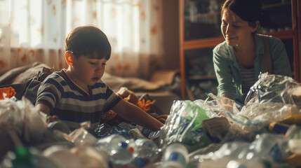 mother and son recycle at home sorting waste plastic paper and glass