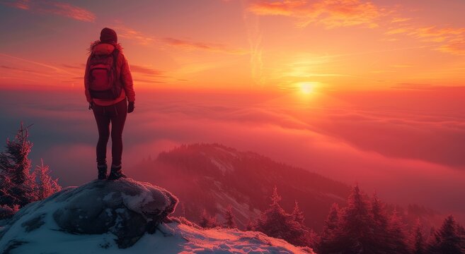 A lone figure stands atop a snowy peak, gazing at the fiery red sunset painting the sky, surrounded by the tranquil winter landscape, dressed in outdoor hiking clothing, in awe of the majestic mounta
