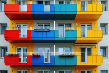 A vibrant multicolored building adorned with numerous balconies and balustrades, An apartment complex in the city with colorful, symmetrical balconies, AI Generated