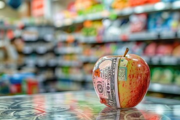 A dollar bill is tightly wrapped around a red apple, displayed in a neat stack inside a grocery store, An apple made of money in a store showing inflation on everyday items, AI Generated