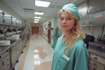 A female nurse in scrubs standing in a hospital corridor.