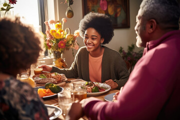 Afro-American family grandfather, grandchildren having breakfast lunch together. Spring time, easter, cosy kitchen dinning room. Happy together festive Sunday, cheerful atmosphere Copy space design - obrazy, fototapety, plakaty