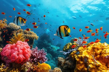Fototapeta na wymiar A diverse group of fish gracefully swim over a colorful and vibrant coral reef in the ocean, An array of vivid and diverse marine life in a warm, tropical ocean, AI Generated