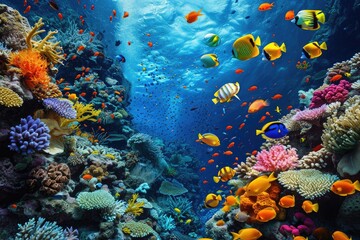 A vibrant and bustling scene as numerous fish swim over a diverse and colorful coral reef ecosystem, An array of vivid and diverse marine life in a warm, tropical ocean, AI Generated