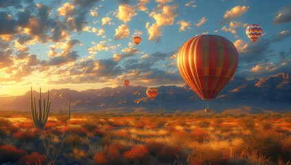 A serene landscape of a colorful hot air balloon floating gracefully in the sky, surrounded by fluffy clouds, as the sun sets over a lush green field