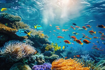 Colorful Fish Swimming in an Underwater Coral Reef, An array of vivid and diverse marine life in a warm, tropical ocean, AI Generated