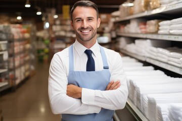 Happy attractive grocery store manager, AI generated, Portrait of smiling male staff holding clipboard while standing in grocery store,AI generated