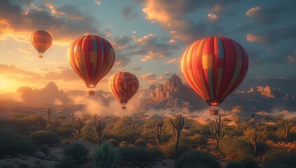 A colorful fleet of hot air balloons gracefully floats through the desert sky at sunrise, transporting passengers to new heights amidst the golden hues of the morning sun - obrazy, fototapety, plakaty