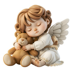 A 3D animated cartoon render of a sleeping baby angel with a teddy bear. Created with generative AI.