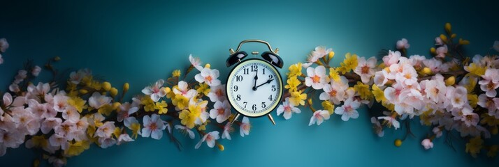 Black alarm clock and blossom branches white yellow springtime flowers on blue background. Spring...