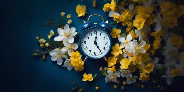 White alarm clock and blossom branches white yellow springtime flowers on blue background. Spring forward, Time Change, Daylight Saving Time Ends. Generative ai
