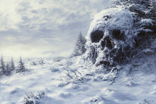 A painting depicting a wintry landscape with snow-covered trees and a skull embedded within the landscape, An artistic rendition of a frostbite case, AI Generated