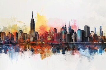 A detailed painting capturing the city skyline reflected in the water below, An artistic rendition of New York City skyline, AI Generated - obrazy, fototapety, plakaty