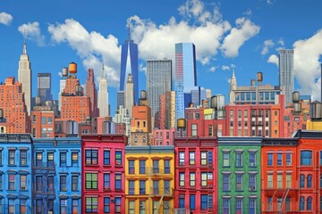 Fototapeta premium This photo features a painting depicting a line of buildings against a backdrop of a clear blue sky, An artistic rendition of New York City skyline, AI Generated