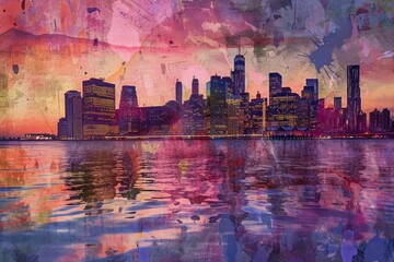 A realistic painting featuring a cityscape with buildings and roads, illuminated by the warm colors of a setting sun in the background, An artistic rendition of New York City skyline, AI Generated