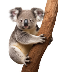 Cute Koala hugging a tree on isolated transparent background
