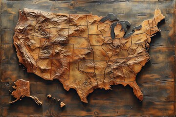 A rustic wooden map of the united states, with rich brown tones, embodies the history and natural beauty of the diverse and united nation