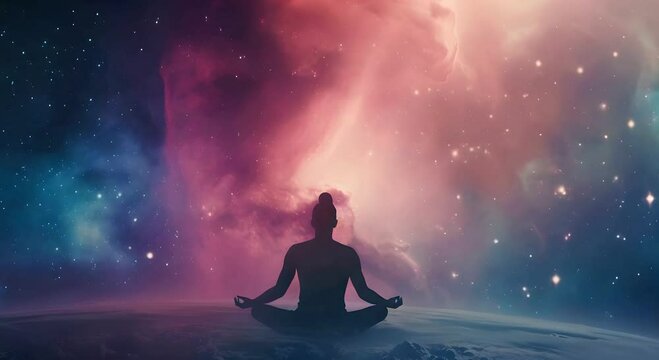 Man and soul in Yoga lotus pose meditation on nebula galaxy background, mindful spiritual concept