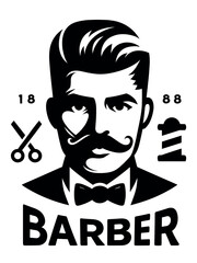 Old barber shop logo template with Vintage man face silhouette with beard, mustache and stylish hair vector illustration