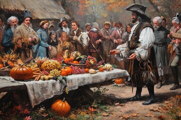 A painting capturing a man standing in front of a table brimming with pumpkins, An artistic representation of the first Thanksgiving, AI Generated