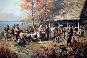 A group of people gather around a decorated table, engaging in conversation and enjoying a meal together, An artistic representation of the first Thanksgiving, AI Generated