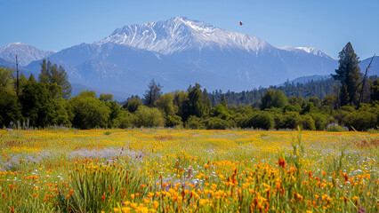 A breathtaking landscape with a mountain backdrop, a vibrant field of wildflowers, and clear blue skies.
