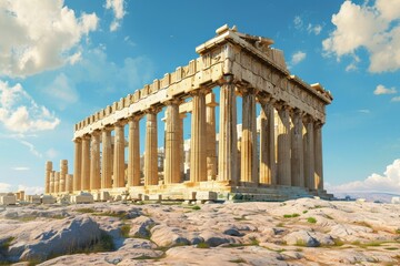 Naklejka premium The iconic Parthenon, a Doric temple dedicated to the goddess Athena, standing proudly on top of the Acropolis in Athens, An artistic representation of the Parthenon in Greece, AI Generated