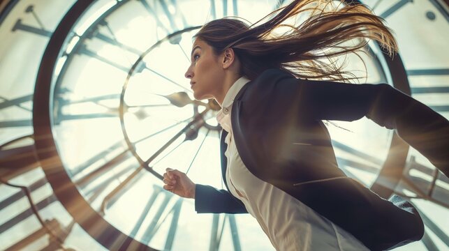 image symbolique d'une femme d'affaires qui court après le temps