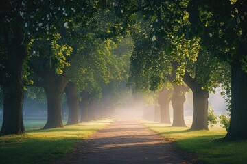 Obraz premium A foggy dirt road meanders through a forest of tall trees on a gray day, creating a moody atmosphere, An ash tree avenue twinkling in the soft morning light in a park, AI Generated