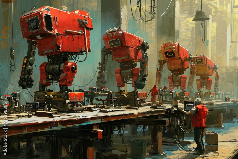 Poster a group of red robots stands motionless on top of the factory floor, ready for automated tasks, an a