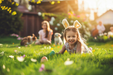Happy smiling child with bunny ears enjoying an Easter egg hunt in the backyard with family and dog - obrazy, fototapety, plakaty