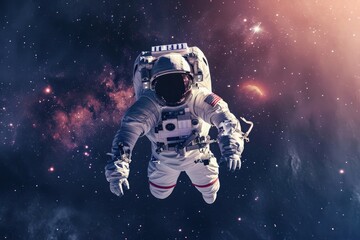 Astronaut Floating in Space With Stars in the Background, An astronaut floating in space with the reflection of distant galaxies on his spacesuit, AI Generated