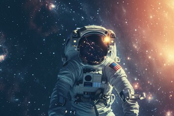 Fototapeta premium Astronaut Floating in Outer Space With Stars in Background, An astronaut floating in space with the reflection of distant galaxies on his spacesuit, AI Generated