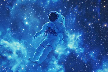 A man wearing a space suit floats in midair, defying gravity, An astronaut in a gleaming fluorescent spacesuit, floating gently in a seascape of infinite stars, AI Generated
