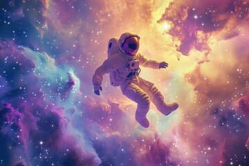Astronaut Floating in Sky Surrounded by Stars, An astronaut in a gleaming fluorescent spacesuit, floating gently in a seascape of infinite stars, AI Generated - obrazy, fototapety, plakaty