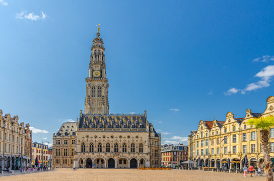 Cityscape of Arras town with Hotel de Ville town hall building, Flemish-Baroque-style townhouses on La Petite Place des Heros Heroes Square, Pas-de-Calais department, Hauts-de-France Region, France