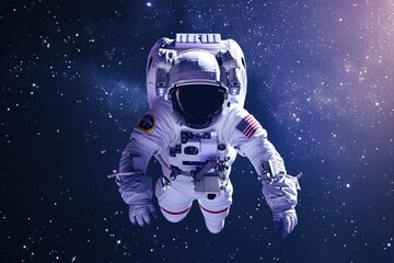 An astronaut is seen floating weightlessly in outer space with a backdrop of stars, An astronaut in an American flag-themed space suit floating among stars, AI Generated