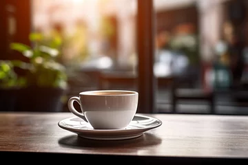 Foto auf Acrylglas Kaffee Bar Cup of coffee. Coffee beans background. Cozy good morning. Cafe