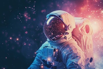 An astronaut in a spacesuit floats weightlessly in outer space, surrounded by a backdrop of stars, An astronaut in Scarlette spacesuit with the bright constellations glowing behind, AI Generated