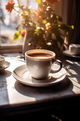 Obraz na płótnie Canvas Cup of coffee. Coffee beans background. Cozy good morning. Cafe