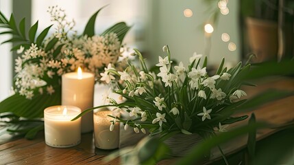 snowdrops, flowers and candles on the table in a natural and balanced composition. A composition that imitates the organic flow of nature, in a minimalist design.