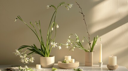 snowdrops, flowers and candles on the table in a natural and balanced composition. A composition that imitates the organic flow of nature, in a minimalist design.