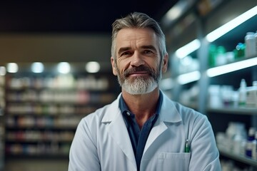 Fototapeta na wymiar male Caucasian pharmacist stands in medical robe smiling, Portrait of smiling mature male pharmacist standing in pharmacy drugstore,AI generated