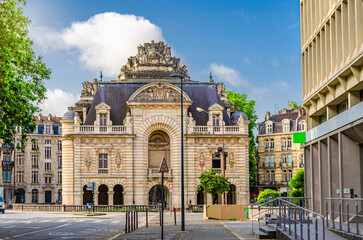 Porte de Paris Gate Arch of Triumph building on Place Simon Vollant Square in Lille city historical...