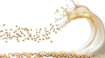 Milk flying in the air with soya beans on a solid white background. Milk splash with soya beans. Ideal for advertising milk.