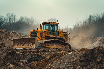 A massive yellow bulldozer powerfully advances through a vast dirt field, shaping the terrain to its will, An autonomous bulldozer excavating a construction site, AI Generated - obrazy, fototapety, plakaty